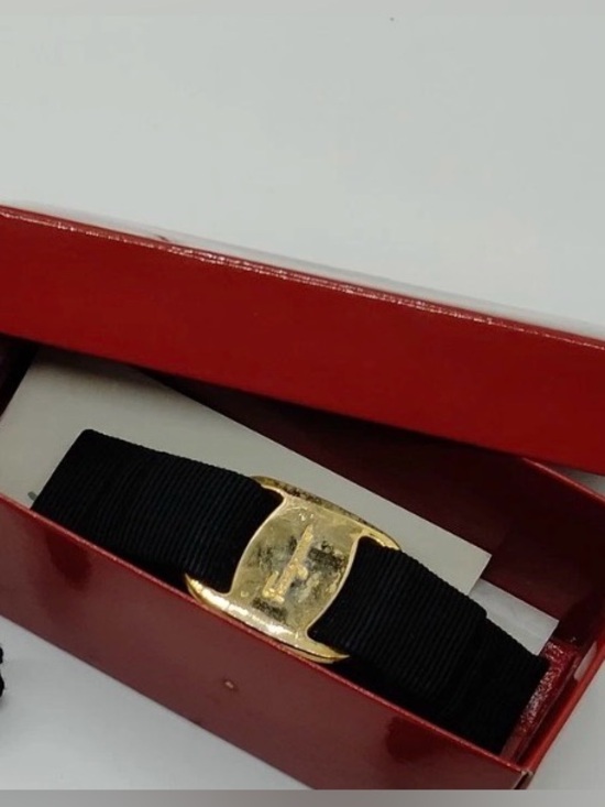Salvatore Ferragamo Black and Gold Ribbon Hair Clip with box